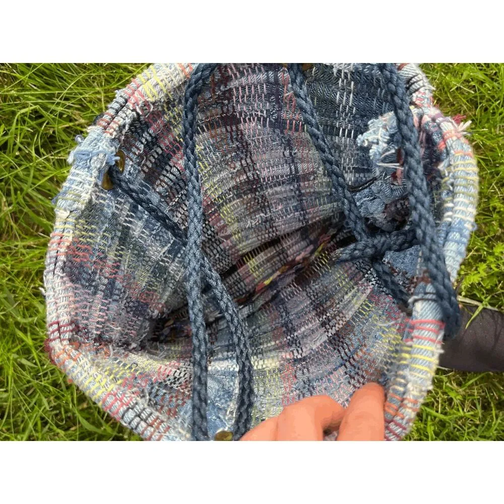 Handwoven Recycled Denim Tote Bag Boho Festival Market Upcycled Fringe Shoulder - Picture 5 of 11